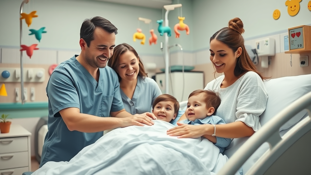 Smiling family nurse comforts child hypnosis session in pediatric hospital setting