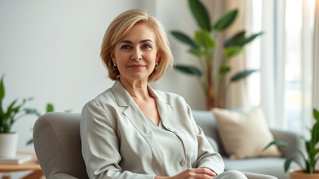 Serene middle-aged woman experiencing key hypnosis methods in a contemporary therapist