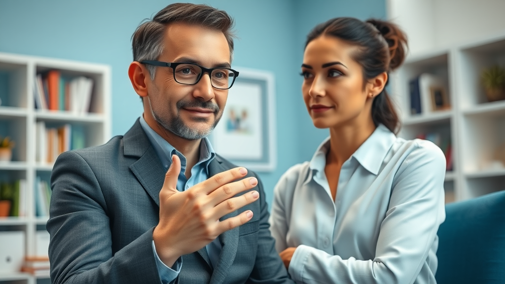 Professional hypnotherapist guiding a client through key hypnosis methods in a modern therapy clinic, both relaxed and attentive