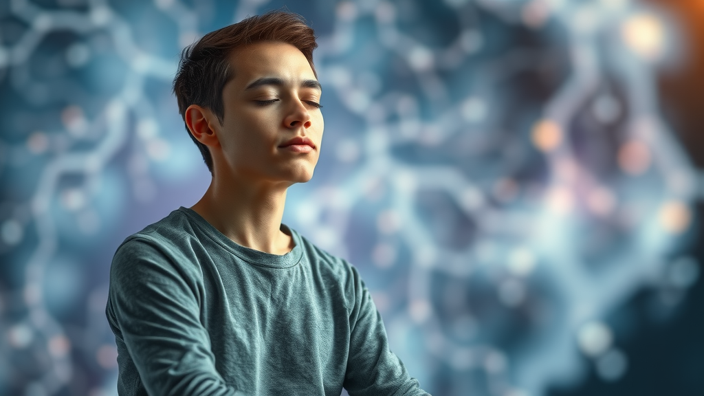 Thoughtful person practicing key hypnosis methods, eyes closed in meditation, with neural pathways suggested in the background