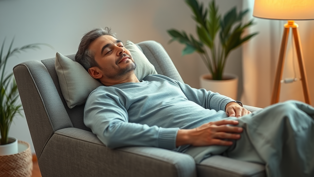 Person achieving progressive muscle relaxation in hypnotherapy, reclining in a comfortable therapy room