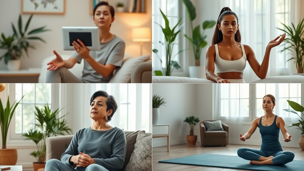Collage demonstrating key hypnosis methods: direct suggestion, indirect suggestion, muscle relaxation, and body scan in diverse settings