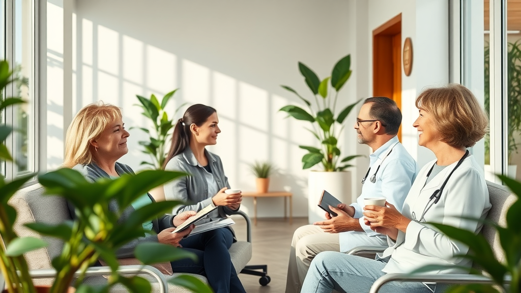 Modern wellness clinic waiting room, patients engaging in relaxed conversation, hypnosis for pain management setting, greenery, sunlit, welcoming atmosphere