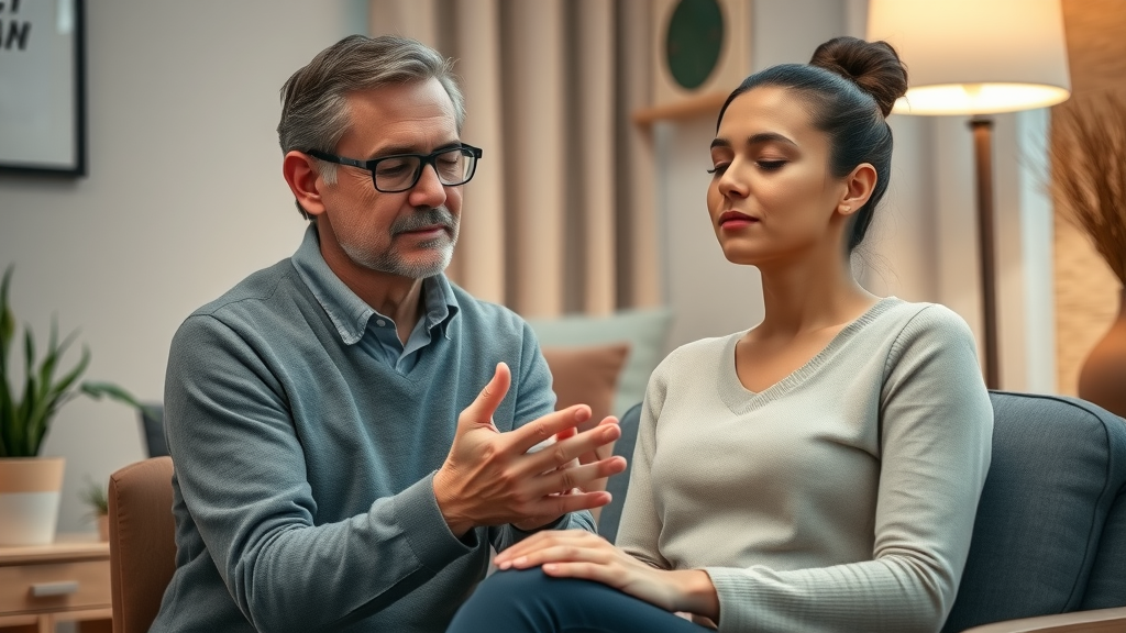 Professional hypnotherapist with client in a calm session, hypnosis for pain management therapy room, client relaxed, clinical hypnosis session