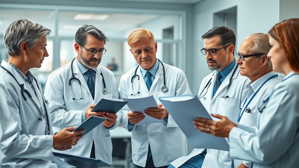 Pain management doctors discussing clinical hypnosis, patient files, pain control team in a consulting room