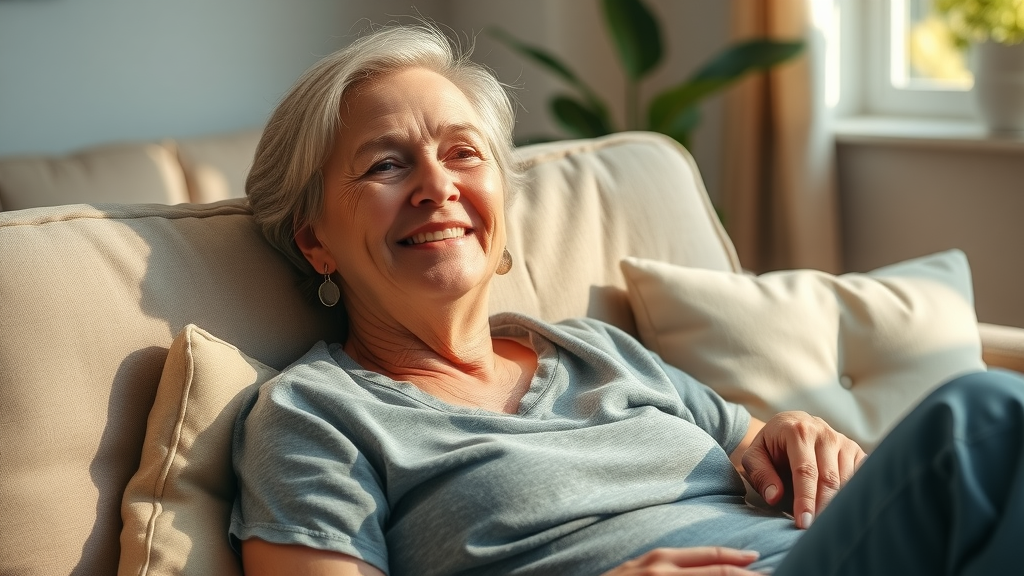 Middle-aged woman at ease after hypnosis therapy for chronic pain, resting comfortably, pain relief, living room, gentle sunlight