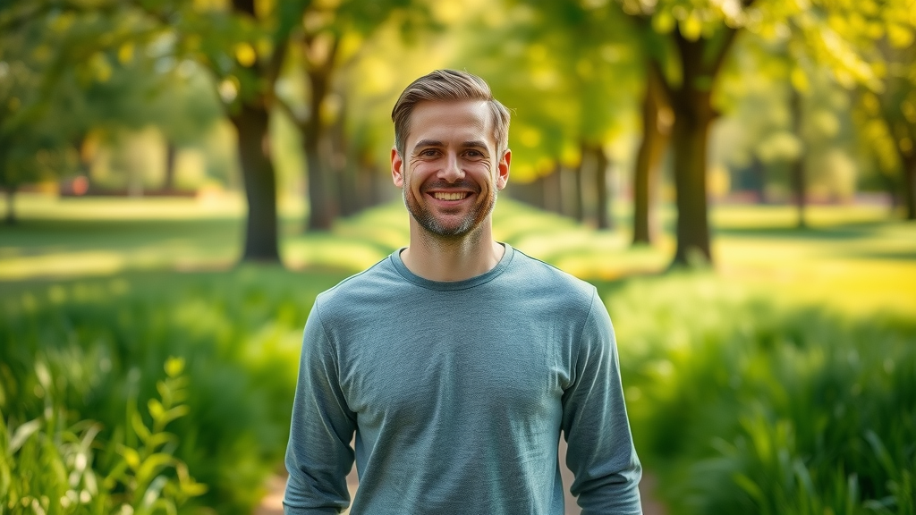 Smiling man after successful hypnosis for pain management, relaxed and confident, pain control outdoors in nature