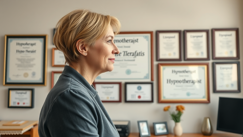 Certificates and credentials of licensed clinical hypnotherapist for hypnosis for pain management, professional qualifications displayed in office