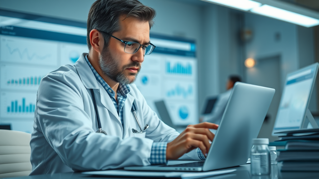 Medical researcher analyzing hypnosis for pain management data, laptop, graphs, clinical evidence in research lab