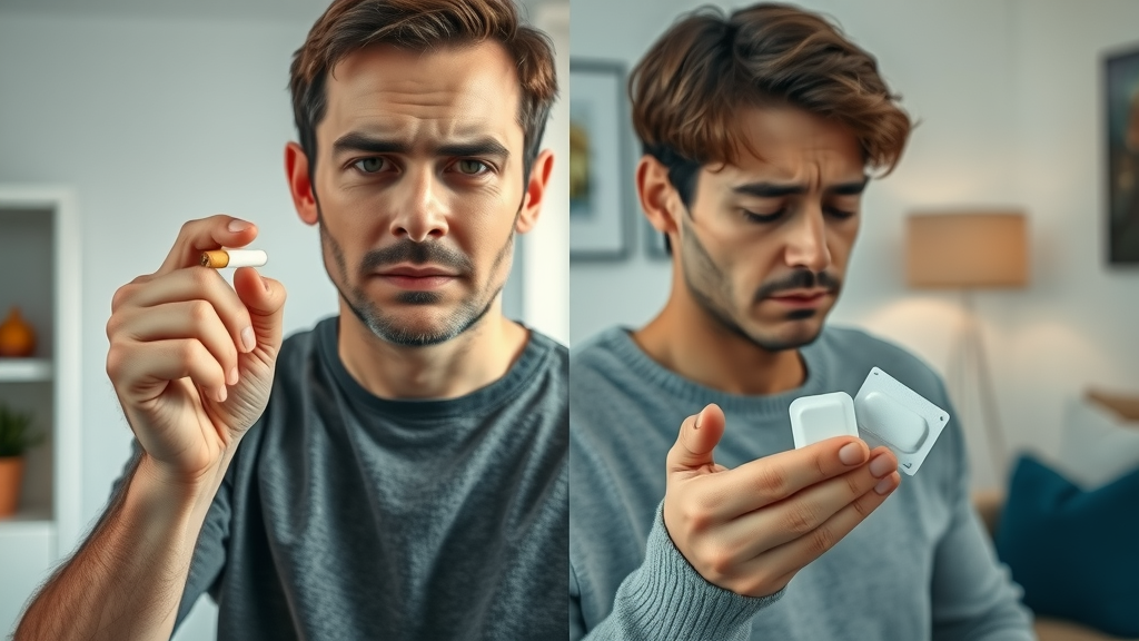 A confident person rejecting a cigarette, contrasted with someone stressed holding nicotine patches and pills—a visual of the choice between hypnosis and conventional methods to quit smoking.