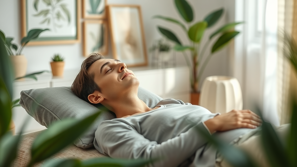 A serene hypnosis for smoking session with a client reclined, a professional offering gentle guidance in a calming, plant-filled therapy space.