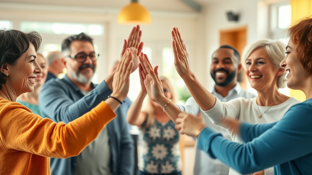 A diverse group of adults celebrating after quitting smoking with hypnosis, high-fiving and smiling in a cheerful community environment.