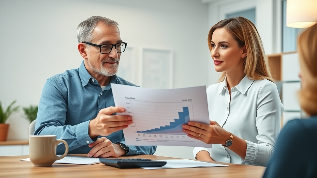 A mature adult and professional sit at a desk reviewing a simple chart, discussing the cost and value of hypnosis to quit smoking.