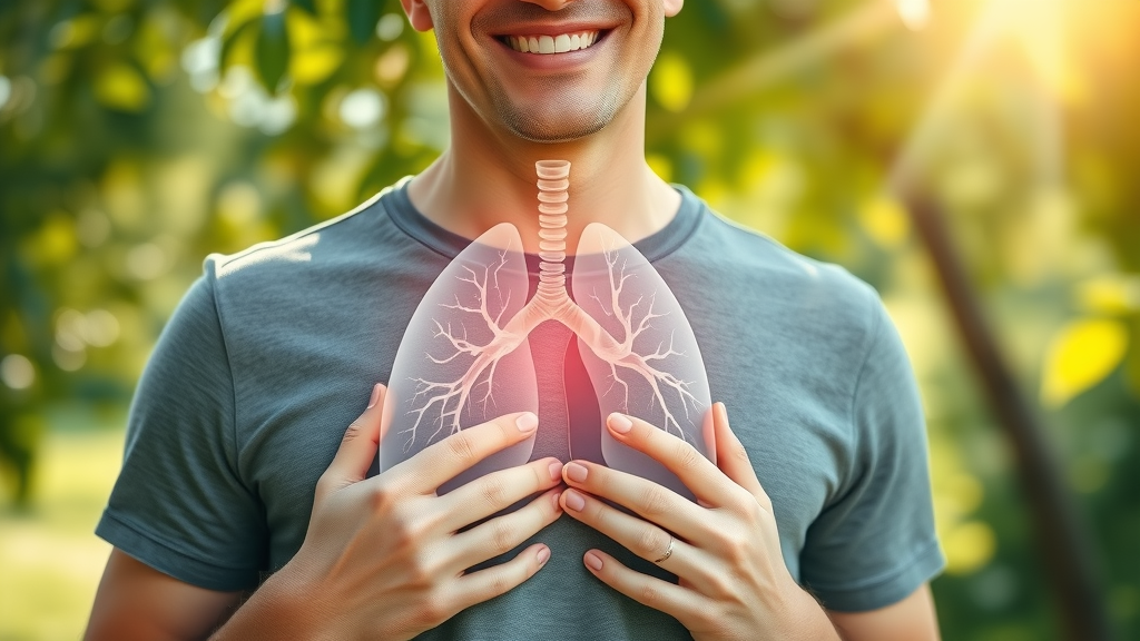 Clear, healthy lungs superimposed on a smiling adult