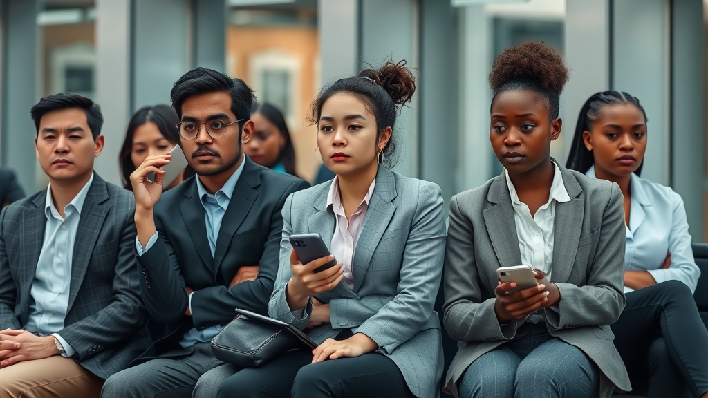 Somber, professional-looking diverse individuals in everyday attire showing subtle signs of stress and considering self-hypnosis for daily stress relief on a city bench
