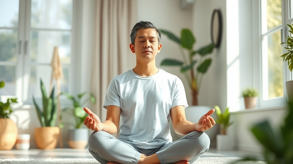 Calm adult meditating with serene facial expression practicing self-hypnosis for daily stress relief in a bright home