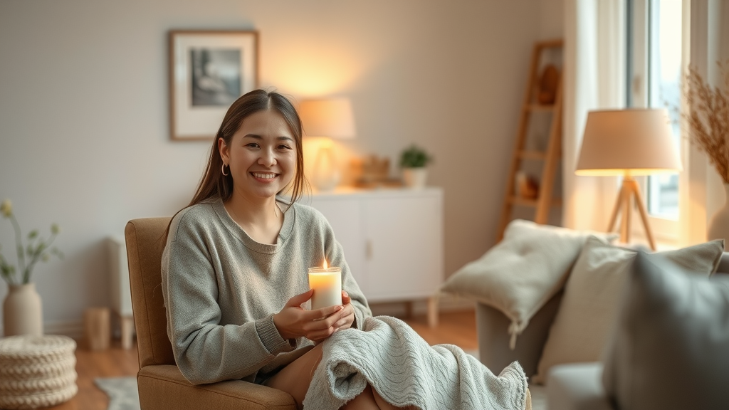 Inviting tranquil home space prepared for self-hypnosis for daily stress relief, with candles blankets and soft lighting