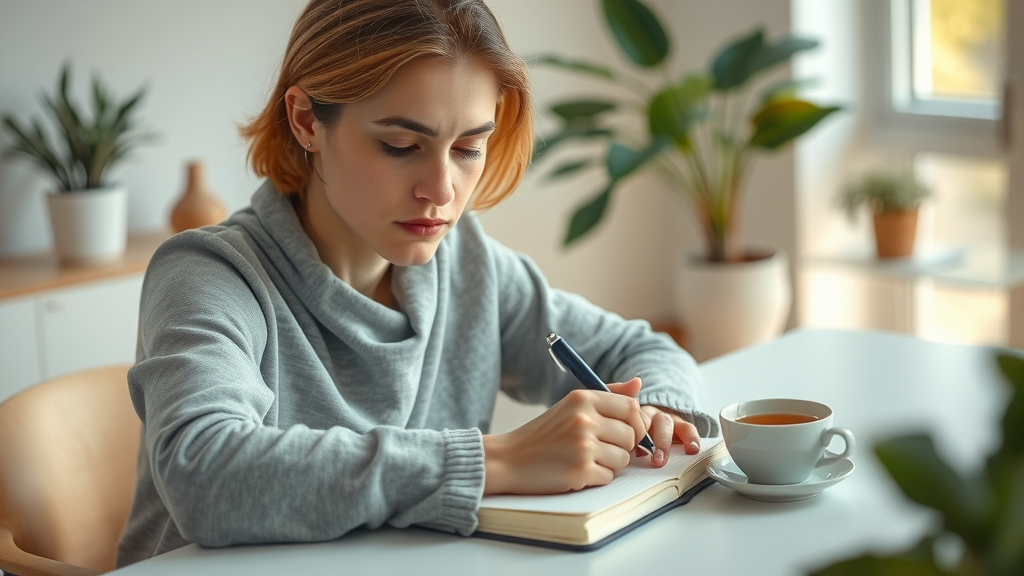 Focused and calm person journaling after a self-hypnosis for daily stress relief session in a bright home office