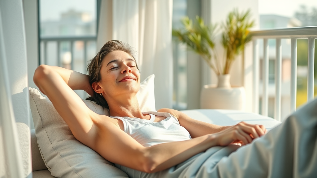 Healthy person enjoying daily relaxation with self-hypnosis for stress relief, sunlit balcony with serene expression
