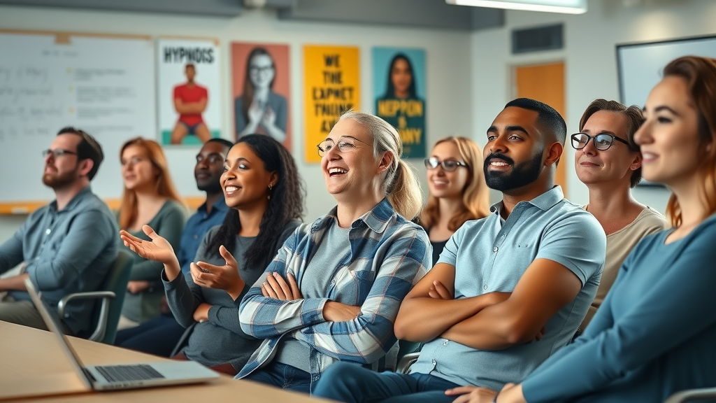 Diverse group participating in a hypnosis training workshop in a modern classroom, main keyword: hypnosis training programs