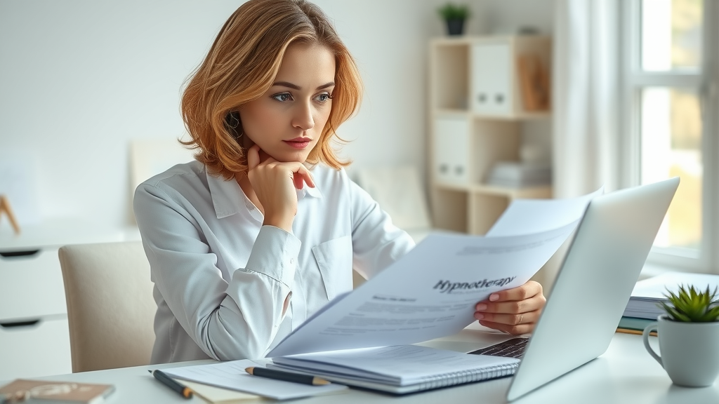 Thoughtful woman reviewing hypnotherapy training curriculum with clinical hypnosis modules