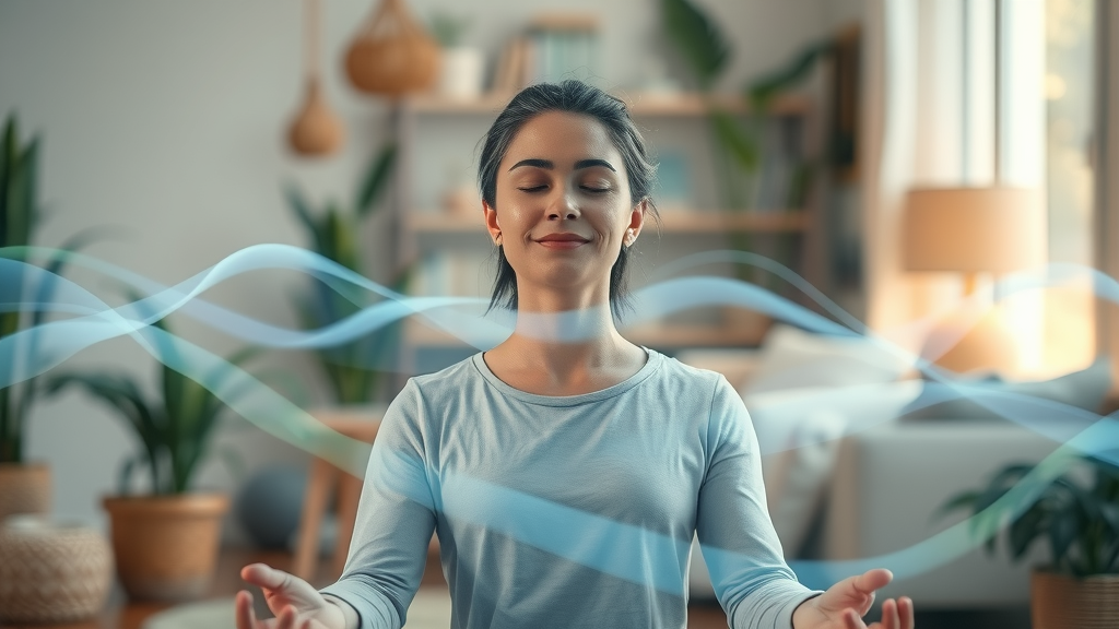 Dreamlike visualization of a serene person seated in meditation, eyes closed and relaxed, enveloped in gentle waves of color and light symbolizing brainwaves in a peaceful home setting.