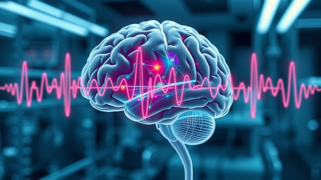 Modern scientific brain scan illustration with colored waveforms over 3D brain, symbolizing brain activity and brainwave entrainment in a neuroscience lab.