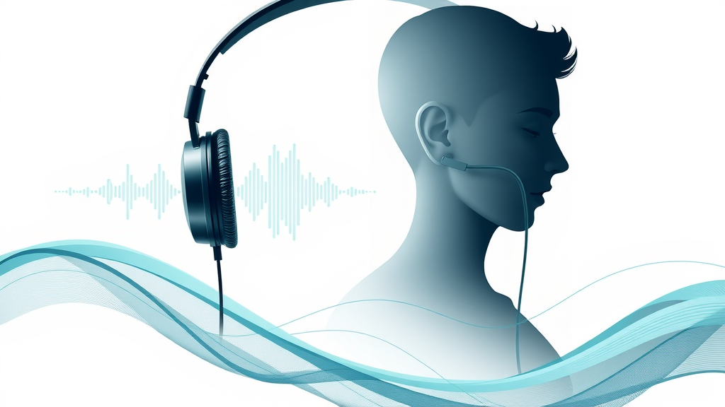 Infographic visual showing audio waves, headphones, and abstract human profile, representing brainwave states for self-hypnosis with binaural and monaural beats.
