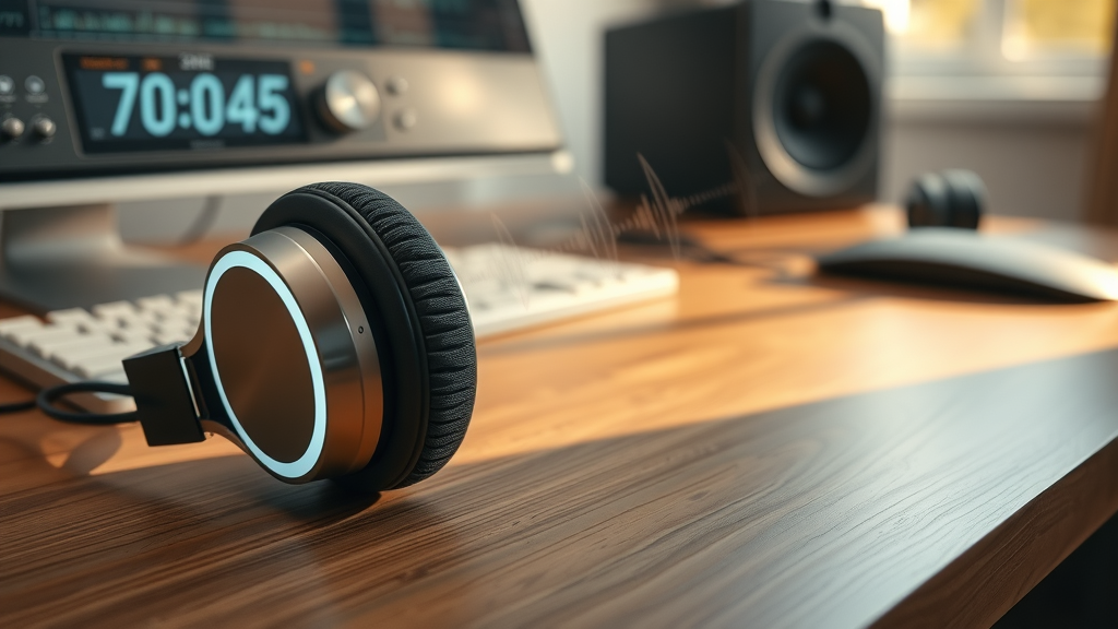 Close-up headphones emitting visual soundwaves, showing tools used in brainwave entrainment for hypnosis, with digital frequency display.