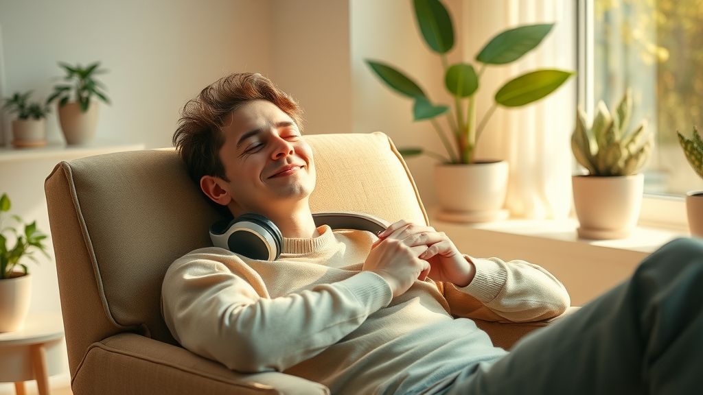 Peaceful person reclining in armchair, eyes closed, holding headphones, practicing brainwave entrainment self-hypnosis in a cozy living room.