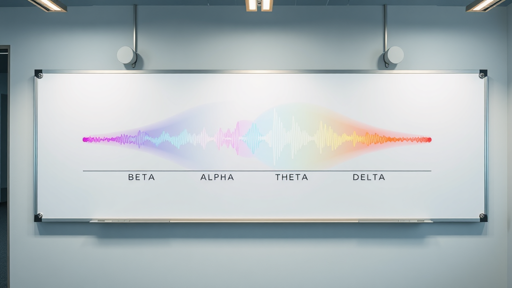Colorful chart showing beta, alpha, theta, and delta brainwave frequencies and their effects for self-hypnosis.