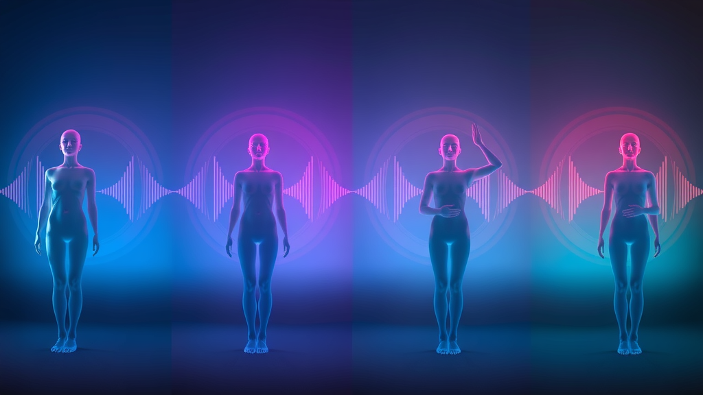 Sequence of human silhouettes surrounded by colorful waveforms, showing transitions through brainwave states: beta, alpha, theta, delta, for enhanced self-hypnosis.