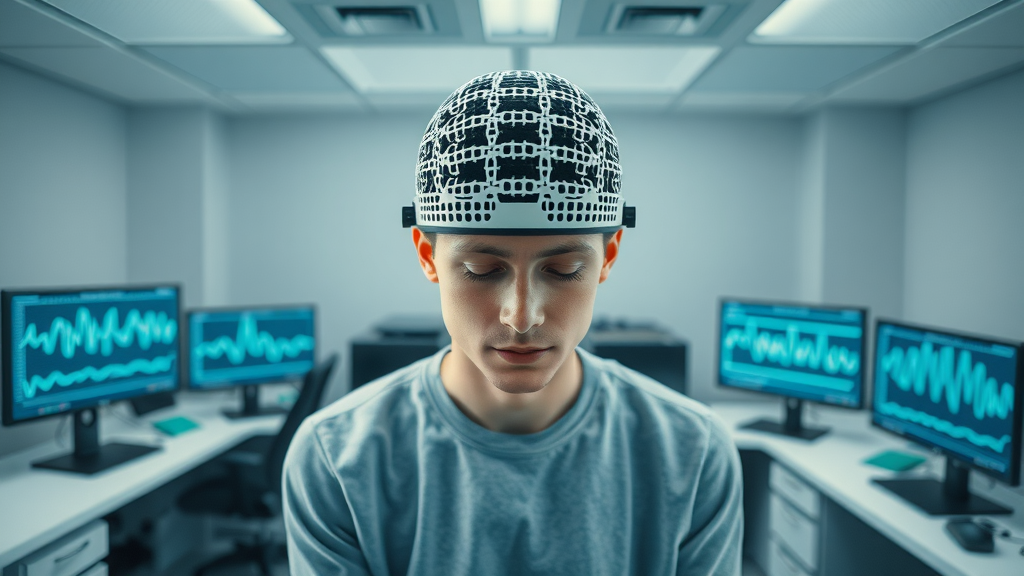 Top-down view of EEG cap on person