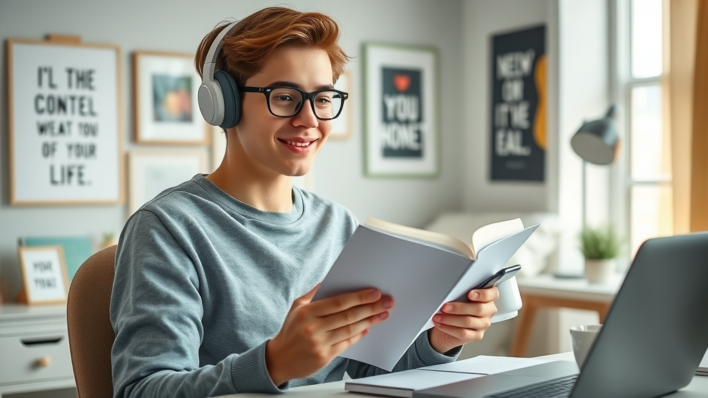 Person journaling at desk with headphones and smartphone, tracking brainwave entrainment and self-hypnosis progress in daily practice.