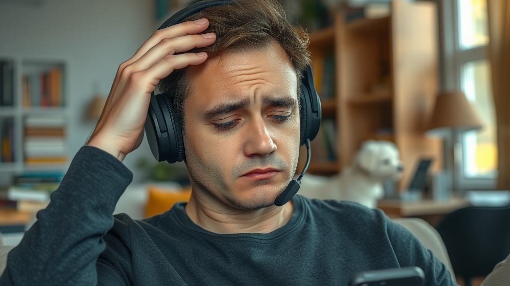 Person struggling to meditate with headphones, hand on forehead, facing distractions in a cluttered room, symbolizing challenges in brainwave entrainment for self-hypnosis.