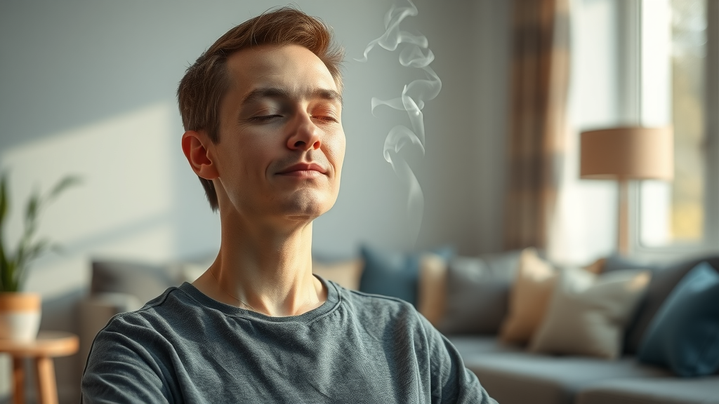 Serene person practicing advanced self-hypnosis in a peaceful modern living room