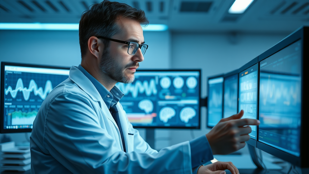 Modern neuroscientist examining brainwave patterns associated with advanced self-hypnosis