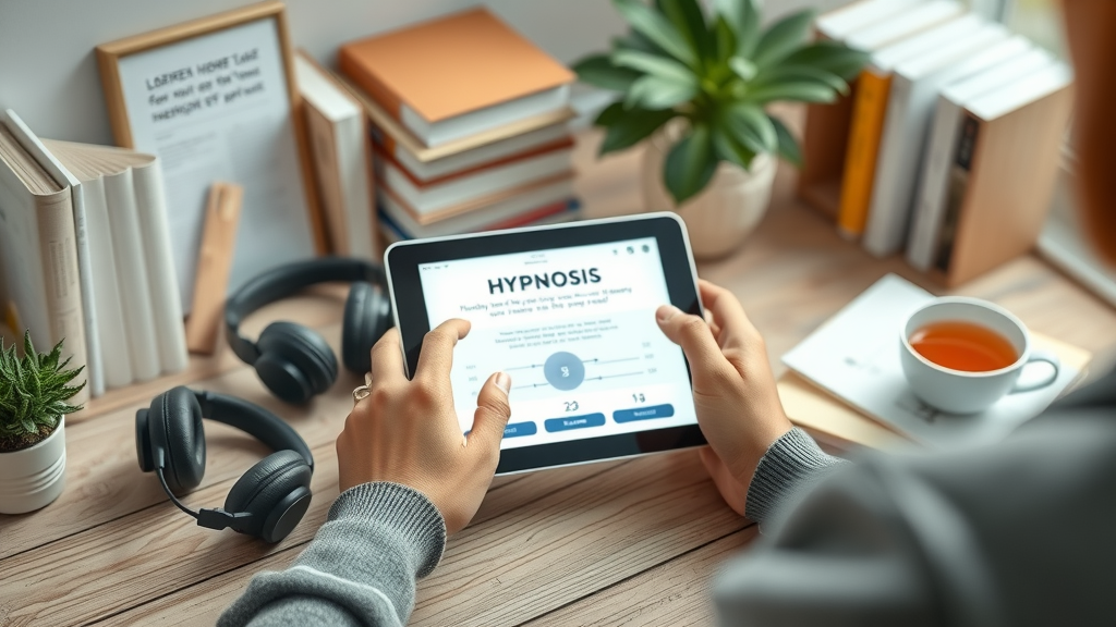 Organized workspace featuring advanced self-hypnosis apps and books