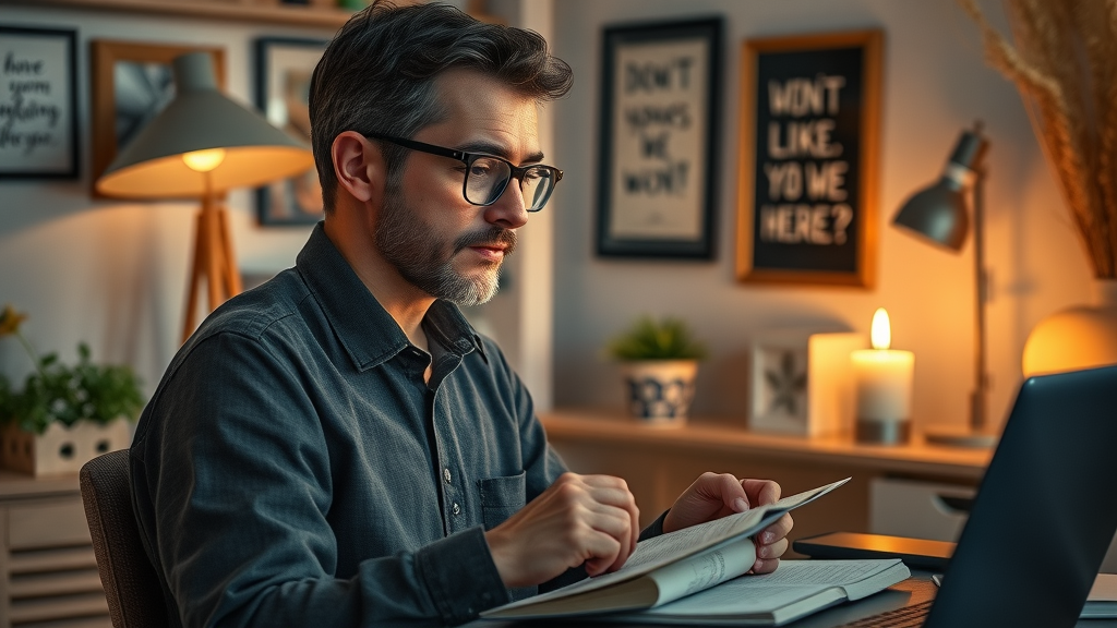 Individual reflecting and journaling quietly after advanced self-hypnosis session in a warm, organized space