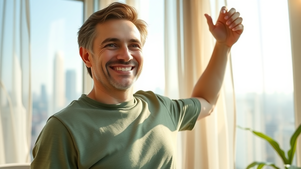 Confident person smiling serenely after self-hypnosis in a bright, green living space