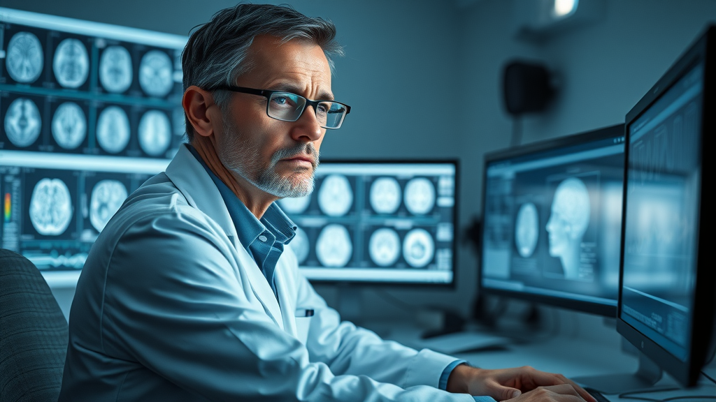 Neuroscientist analyzing brain scan highlighting more effective self-hypnosis techniques in a modern research lab