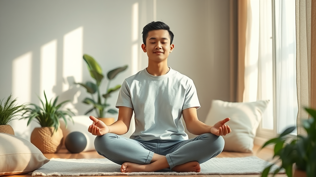 Young adult in serene home meditating to achieve more effective self-hypnosis, highlighting proper posture and concentration