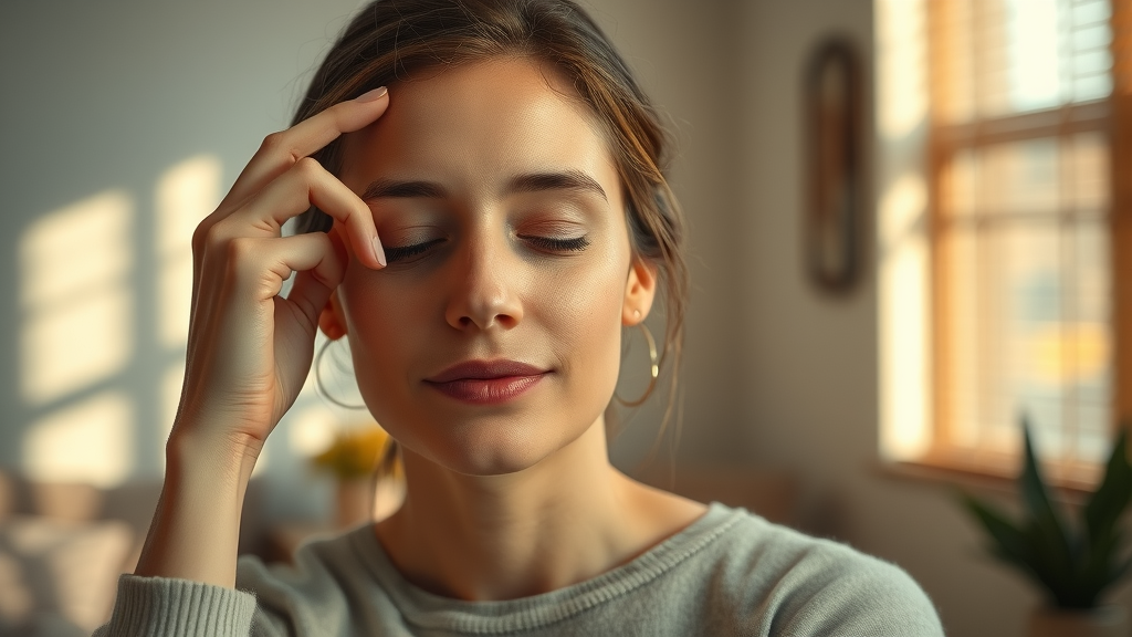 Woman gently touching forehead, practicing more effective self-hypnosis in a calm setting