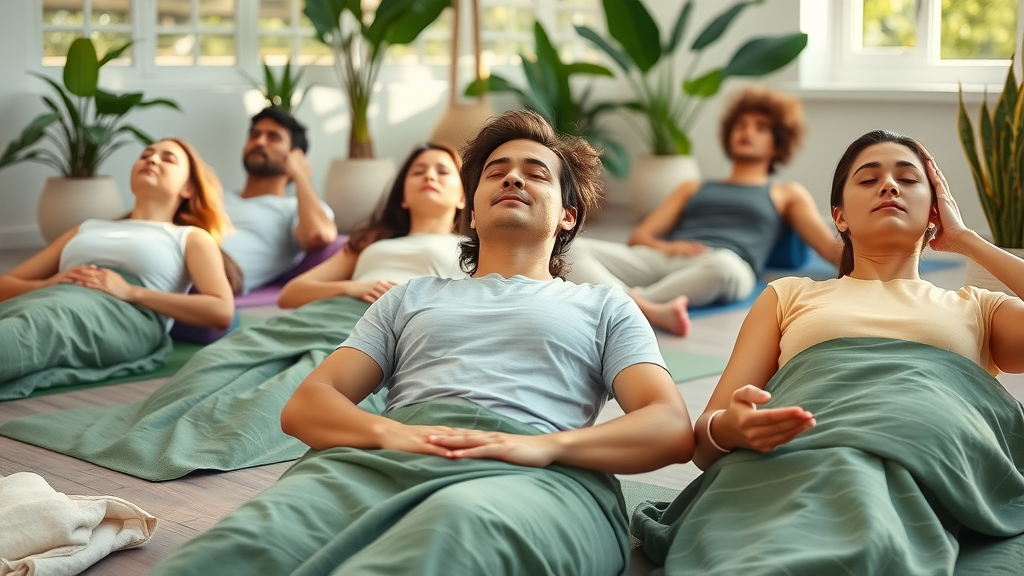 Group of people practicing more effective self-hypnosis using classic induction techniques in a bright, relaxed studio