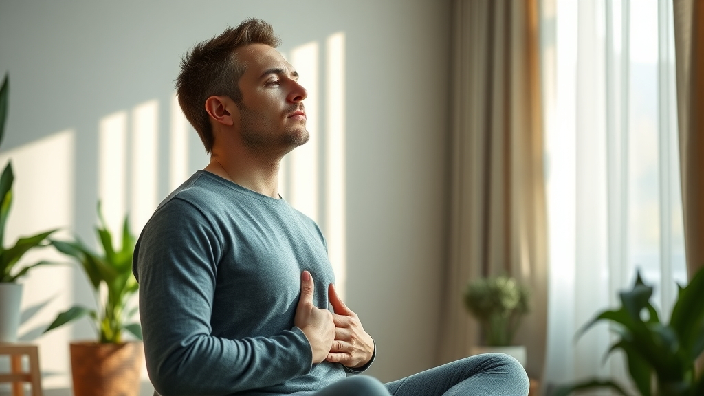 Man practicing breathwork to deepen more effective self-hypnosis in a peaceful, minimalist room