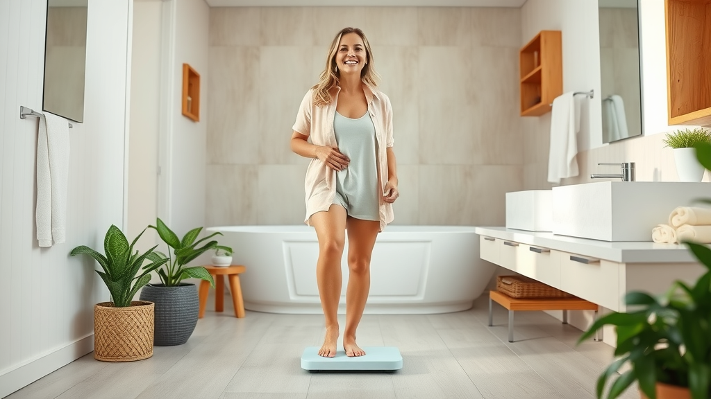 Smiling woman stepping on a digital scale, happy with weight loss from more effective self-hypnosis