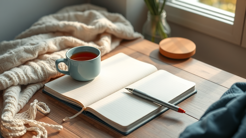 Organized journal, tea, and tranquil workspace for tracking more effective self-hypnosis progress