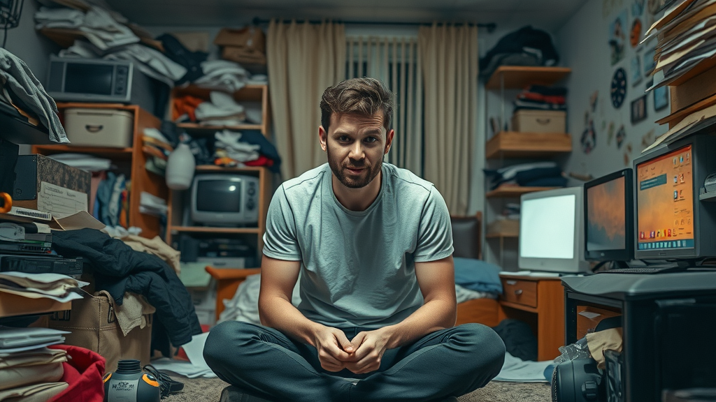 Person in a cluttered room, showing how environment can hinder more effective self-hypnosis