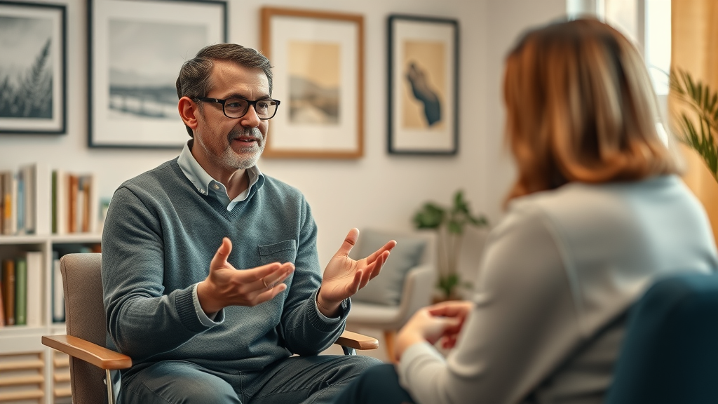 Therapist explaining scientific research and real-life results of more effective self-hypnosis to a client