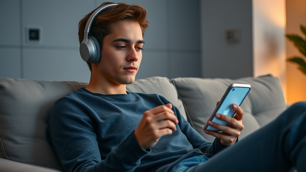 Young adult using self-hypnosis app with headphones for more effective self-hypnosis in a smart living room